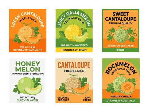 Melon fruit labels set featuring fresh cantaloupe and honey melon illustrations with vibrant colorful background designs