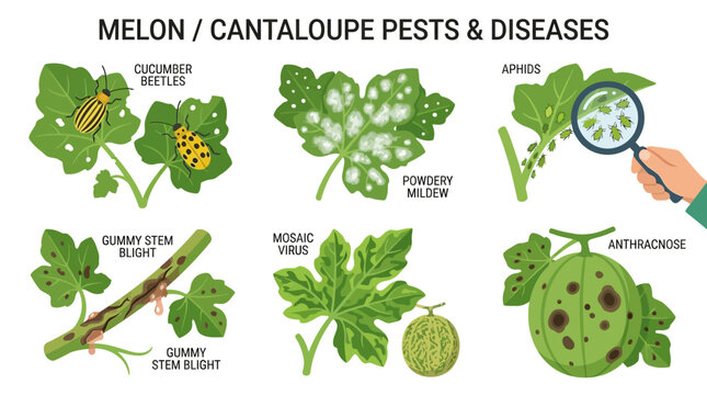Melon plant pests and diseases infographic showing beetles aphids mildew virus and spots on green leaves