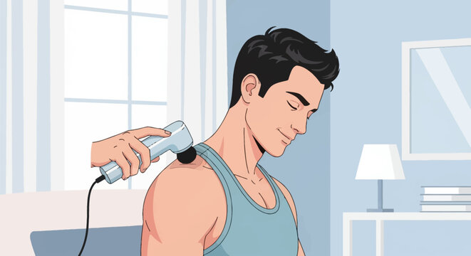 Vector illustration of a young man sitting in a room using a handheld electric percussion massage gun on his shoulder for muscle recovery and tension relief with eyes closed.