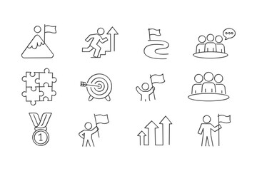 Fototapeta na wymiar A set of simple, hand-drawn line art icons illustrating concepts like goals, progress, teamwork, and winning