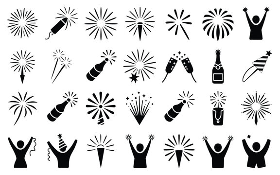 Celebration firework and party icons set with champagne bottles cheering people and hats.
