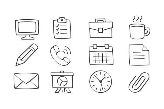 A collection of hand-drawn icons representing office and business elements, sketched on a white background