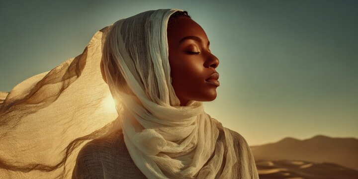 Serene Black woman with headscarf in desert at sunset, bathed in golden light