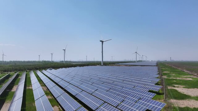 Solar panels and wind turbines under blue sky for green energy generation