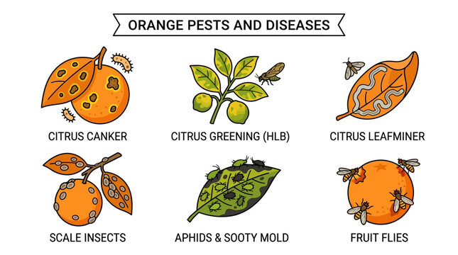 Orange pests and diseases illustration showing citrus fruit infection symptoms and common garden insect bug infestations