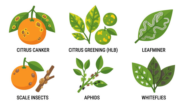 Citrus plant diseases and common insect pests shown on green leaves and orange fruit icons set