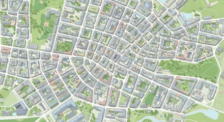 Fototapeta premium Detailed illustrative overview of a modern urban plan, featuring residential blocks, extensive green parks, and intricate street networks, embodying contemporary city design principles