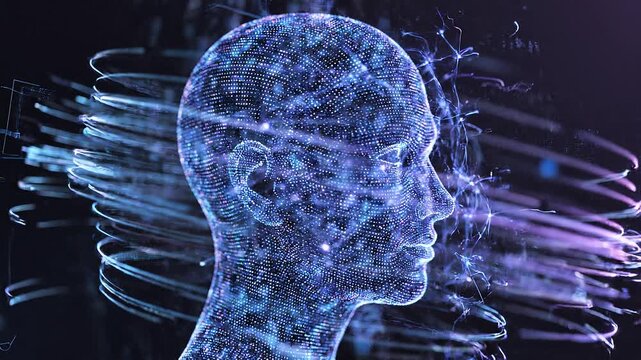 Abstract digital human face formed by glowing data particles and neural network lines