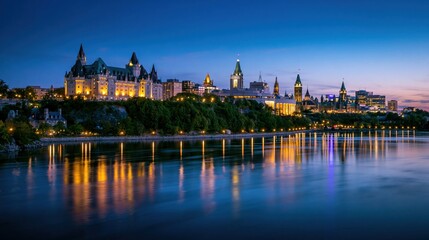 Obraz premium Historic buildings and city skyline reflecting on calm water at dusk for travel marketing, tourism brochures and urban landscape