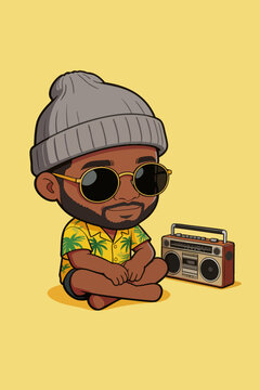 Chibi Black Man Relaxing With Vintage Boombox