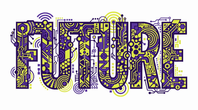 Future word typography with digital circuit board patterns in purple and lime green vector illustration