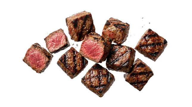 Grilled beef steak cubes on a transparent background PNG file