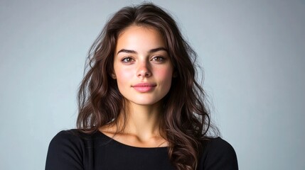 Fototapeta premium A professional studio photo of an average-looking attractive American woman, neutral expression, looking at the camera
