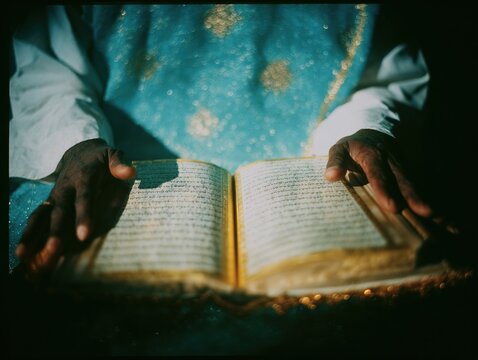 Person hands resting on the Guru Granth Sahib scripture during a religious ceremony for Sikhism editorial use, devotional publishing and cultural heritage storytelling