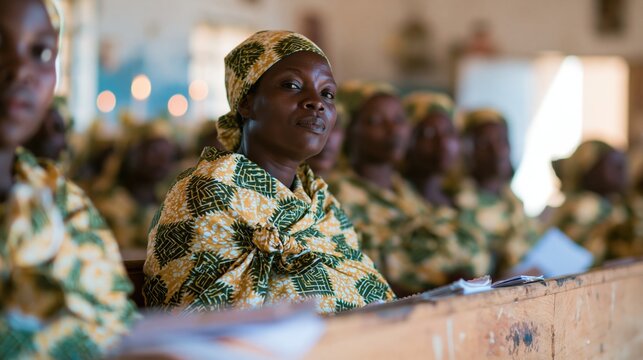 African women sitting in traditional fabric wrappers during a community meeting for microfinance education, social charity and local empowerment storytelling