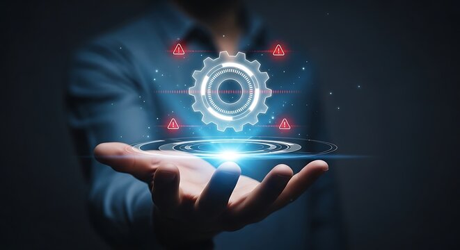 A person holding a glowing digital gear with warning symbols, representing technical system monitoring, error detection, or industrial security