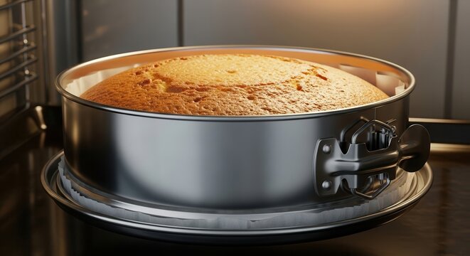 A round cake baking inside a metal springform pan in an oven.