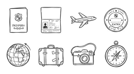 Fototapeta premium Travel Icons: Passport, Airplane, Suitcase, Globe, Camera, Compass, Stamp