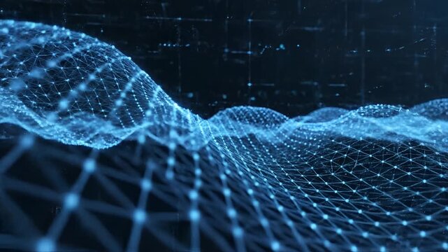 Abstract Blue Digital Network Grid Flowing Waves Technology Background.