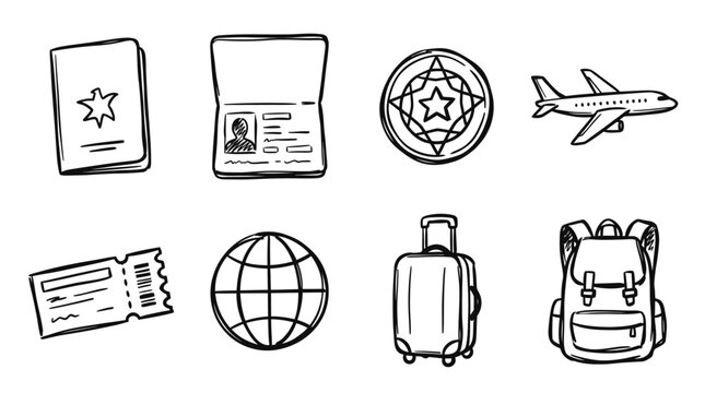 Travel Icons: Passport, Airplane, Luggage, Ticket, Globe, Backpack, Emblem