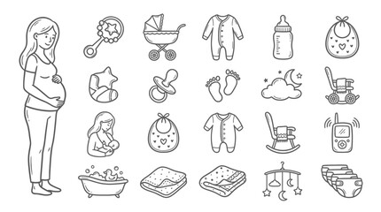 Fototapeta premium Pregnant Woman & Baby Essentials Icons: Pregnancy, Birth, Newborn Care, Childhood