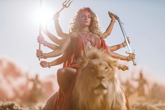 Powerful woman with many arms riding a lion into battle for historical storytelling, festival celebration and mythological editorial against a smoky sky