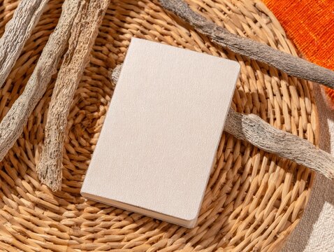 Beige hardcover notebook mockup stays closed on a woven rattan surface with dried botanical stems for journaling, artisan brand marketing and bohemian lifestyle content