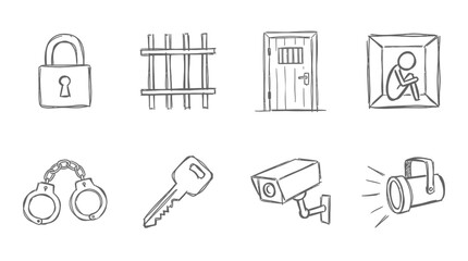 Fototapeta premium Jail and Prison Icons: Lock, Bars, Door, Cell, Handcuffs, Key, Camera