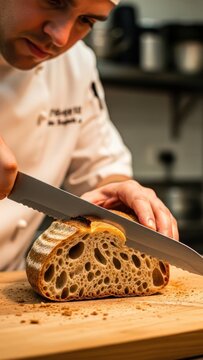 Professional Chef Slicing Fresh Sourdough Bread on a Wooden Cutting Board.