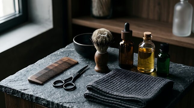 Classic Men's Grooming Set: Traditional Shaving Brush, Comb, Scissors, and Natural Oils Neatly Arranged on a Rustic Dark Stone Surface, Emphasizing...
