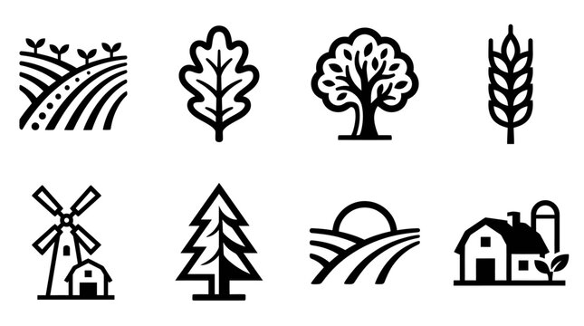 Farm Icons Set: Fields, Trees, Windmill, Barn, Wheat, Sunrise