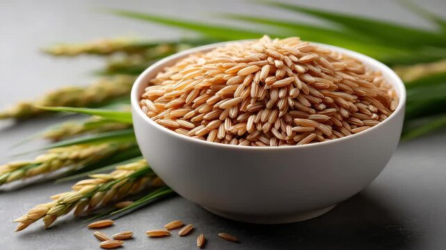 Brown rice bowl grain cereal food organic raw healthy agriculture whole grain natural uncooked vegetarian gluten free nutrition plant harvest paddy seed rustic kitchen meal ingredient staple