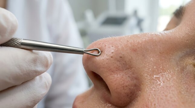 Close-up of professional blackhead extraction on nose using a metal comedone extractor, part of a skincare routine for clean skin.