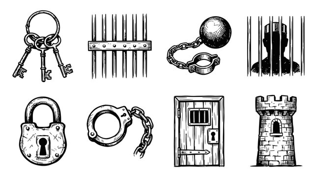 Prison Icons: Keys, Bars, Ball & Chain, Handcuffs, Lock, Door, Tower