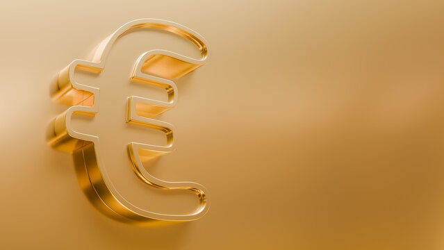 Horizontal 3D render of a metallic gold Euro sign on a golden studio background with copyspace