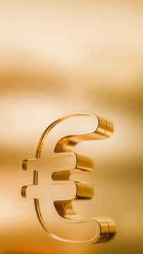 Vertical 3D render of a glossy gold Euro sign for European business investment and wealth management