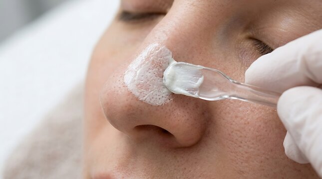 Professional Beautician Applies White Skincare Cream or Pore Cleansing Mask to Client's Nose During Facial Treatment in Spa or Beauty Salon