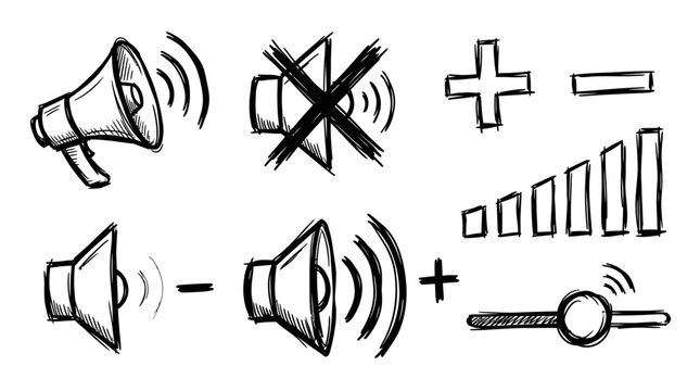 Doodle sound icons: volume up, mute, plus, minus, slider