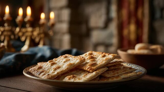 Flat Bread Baked Rustic Plate Warm Light Candle Wooden Table Golden Bread Stack Homemade Food Traditional Cuisine Soft Light Cozy Atmosphere