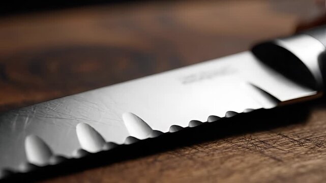 Close up of a serrated bread knife blade on a wooden surface.