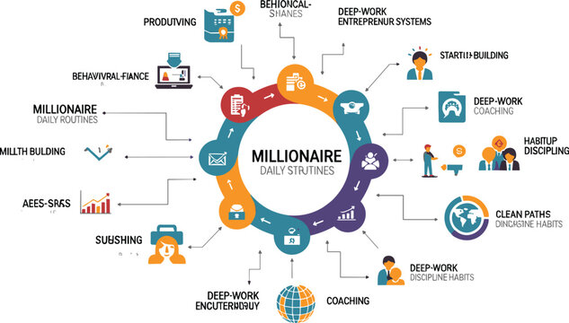 Millionaire daily systems vector infographic with productivity habits deep work entrepreneurship and wealth building workflow concepts