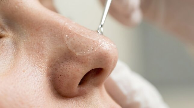 Close-up of a professional blackhead extraction procedure on a person's nose with a metal comedone extractor tool during a skincare facial treatment