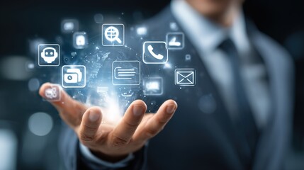 Obraz premium Businessman presenting digital icons, technology and communication concept