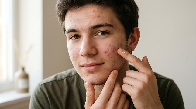 Concerned Young Man Pointing to Acne on His Face, Highlighting Skin Problems and Teenage Skincare Issues