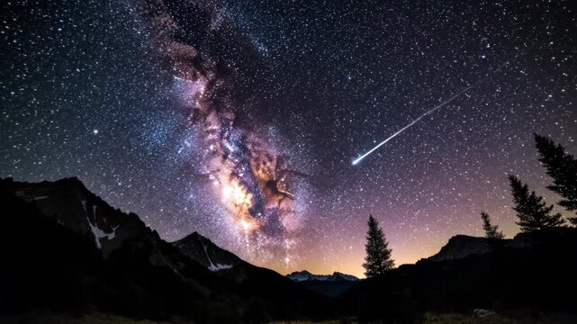 Wide angle night sky view of the Milky Way galaxy core rising above dark mountain silhouettes and pine trees with vibrant purple and orange nebulae and thousands of bright stars.