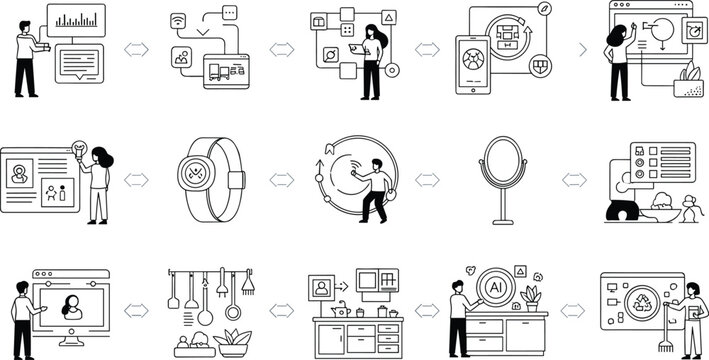 Minimal business workflow vector illustration set with dashboard analytics smart devices and modern productivity process concepts