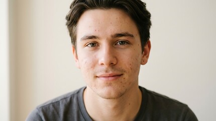 Naklejka premium Authentic Close-up Portrait of a Young Man with a Gentle Smile Looking Directly at Camera