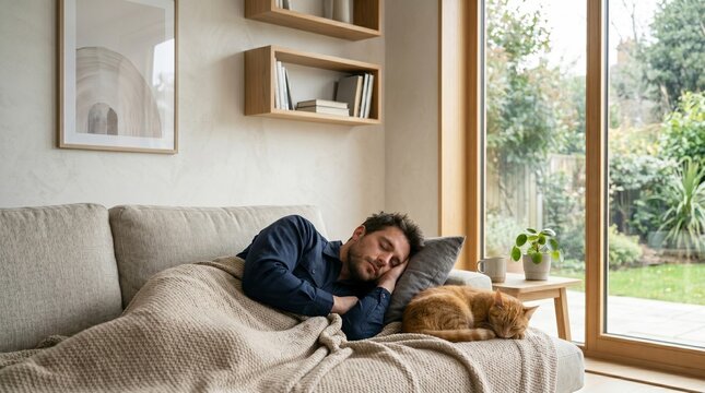 Man sleeping peacefully on a cozy sofa with his ginger cat in a bright, modern living room overlooking a garden.