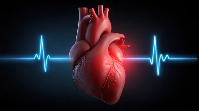 Human heart anatomy medical organ cardiology cardiovascular pulse heartbeat electrocardiogram line red health concept realistic isolated black background glowing illustration for SEO search title