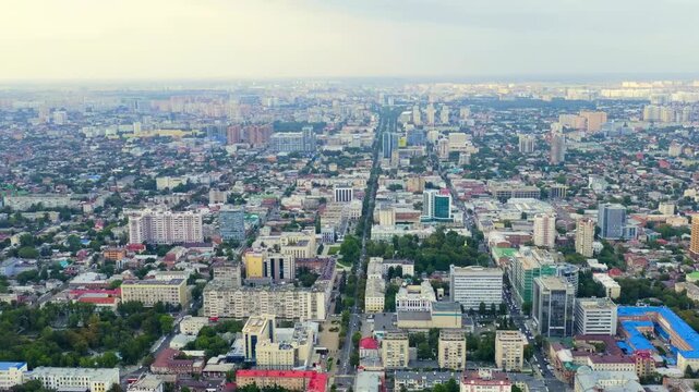 Krasnodar, Russia. Panoramic view of the city center. Summer Drone footage